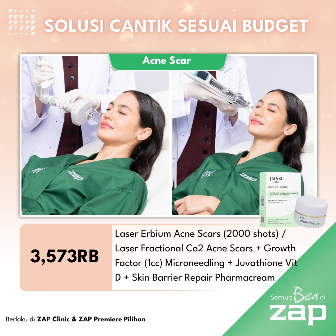 Laser Erbium Acne Scars (2000 shots) / Laser Fractional Co2 Acne Scars + Growth Factor (1cc) Microneedling + Juva by ZAP Juvathione Vit D + Skin Barrier Repair Pharmacream