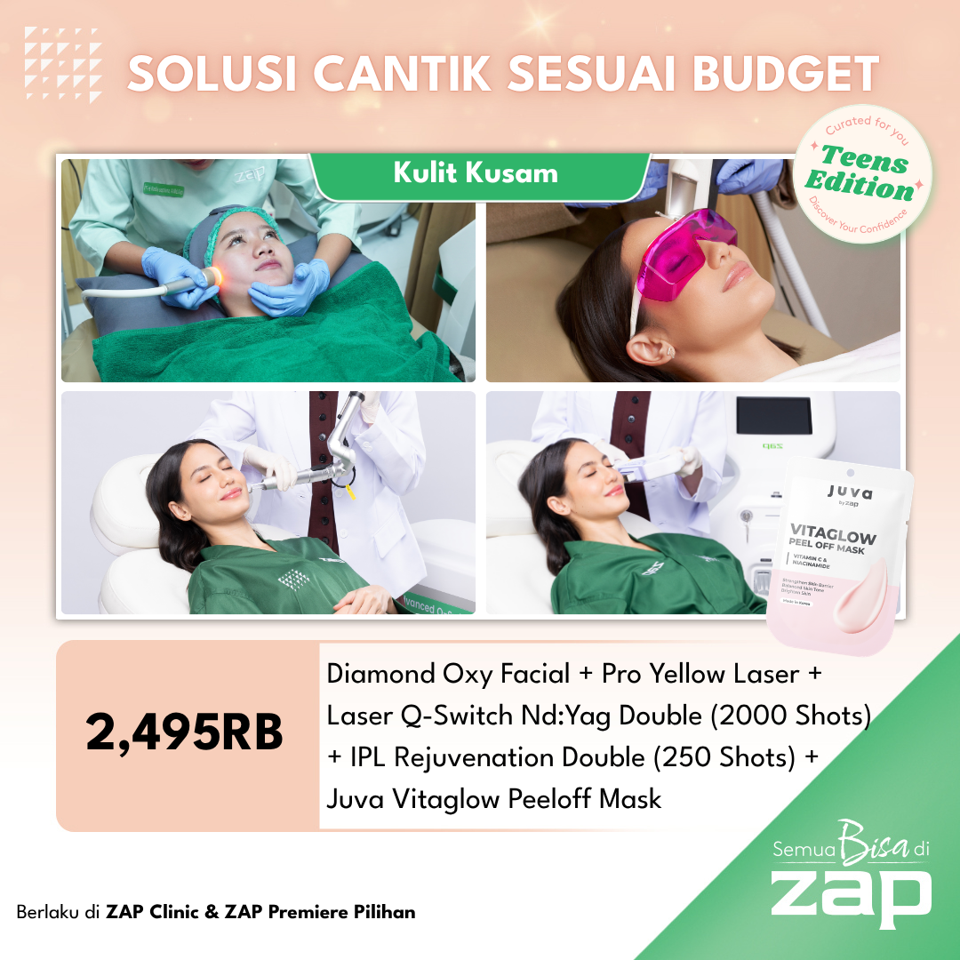 Diamond Oxy Facial + Pro Yellow Laser + Laser Q-Switch Nd:Yag Double (2000 Shots) + IPL Rejuvenation Double (250 Shots) + produk Juva Vitaglow peeloff Mask