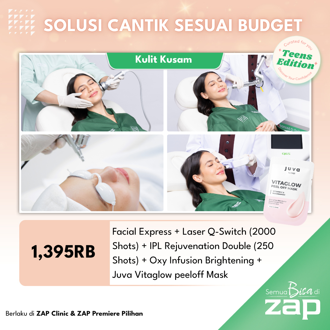Facial Express + Laser Q-Switch Nd:Yag Double (2000 Shots) + IPL Rejuvenation Double (250 Shots) + Oxy Infusion Brightening + produk Juva Vitaglow peeloff Mask