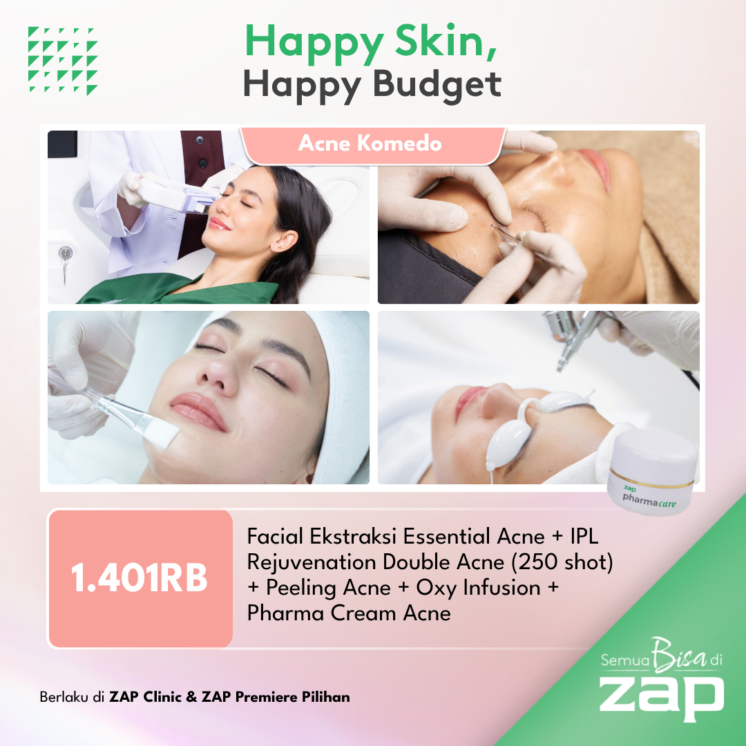 Facial Ekstraksi Essential Acne + IPL Rejuvenation Double Acne (250 shot) + Peeling Acne + Oxy Infusion + Pharma Cream Acne