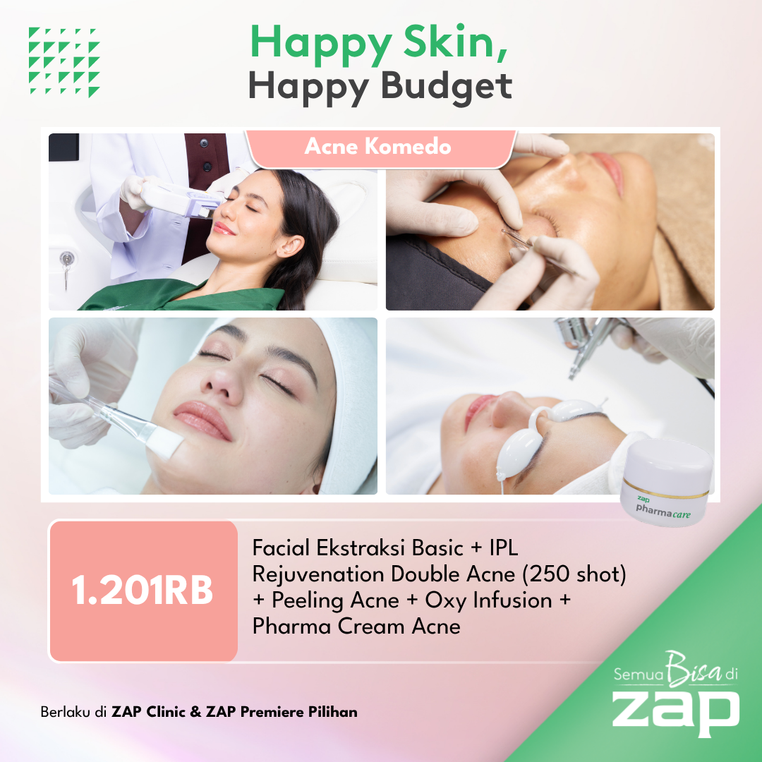 Facial Ekstraksi Basic + IPL Rejuvenation Double Acne (250 shot) + Peeling Acne + Oxy Infusion + Pharma Cream Acne