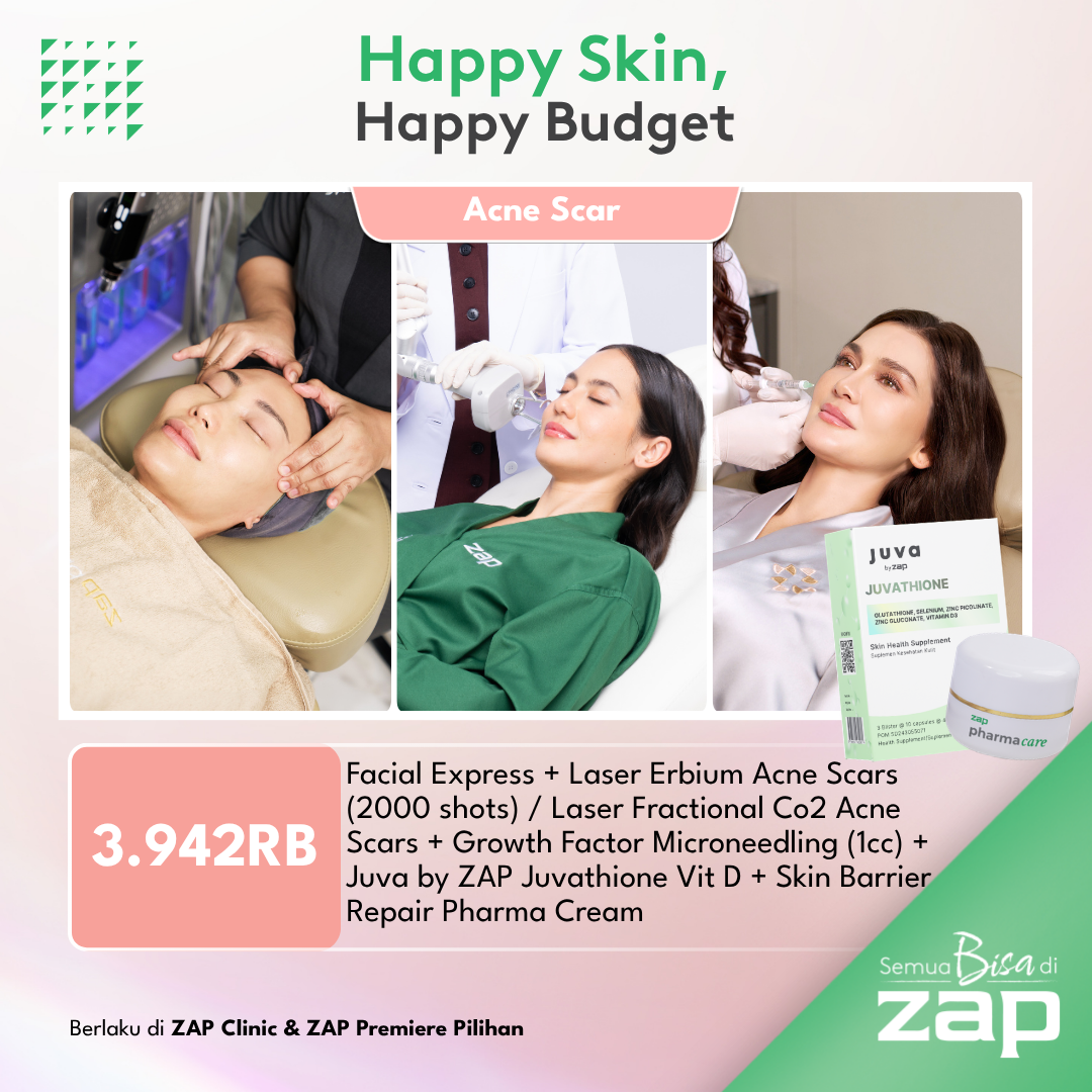 Facial Express + Laser Erbium Acne Scars (2000 shots) / Laser Fractional Co2 Acne Scars + Growth Factor Microneedling (1cc) + Juva by ZAP Juvathione Vit D + Skin Barrier Repair Pharma Cream