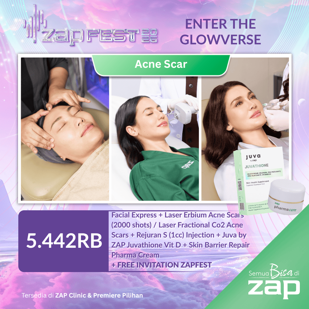 Facial Express + Laser Erbium Acne Scars (2000 shots) / Laser Fractional Co2 Acne Scars + Rejuran S (1cc) Injection + Juva by ZAP Juvathione Vit D + Skin Barrier Repair Pharma Cream + Free invitation ZAP Fest